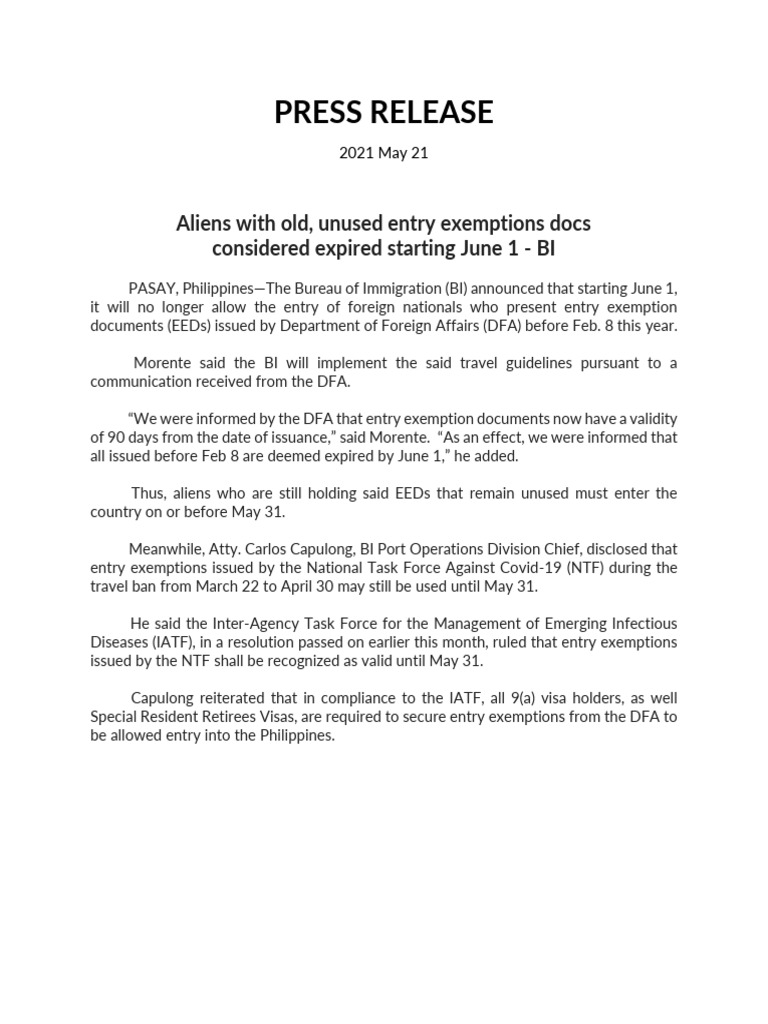 Expiration of Entry Exemptions for Aliens | PDF