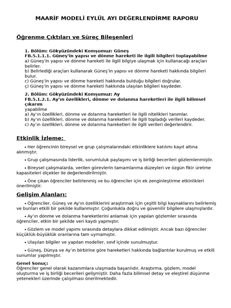 Maarif Modeli Eylul Ayi Degerlendirme Raporu | PDF