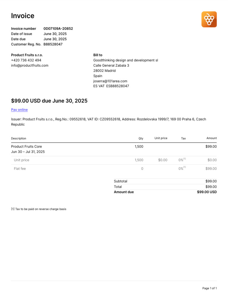 Invoice for Product Fruits s.r.o. | PDF