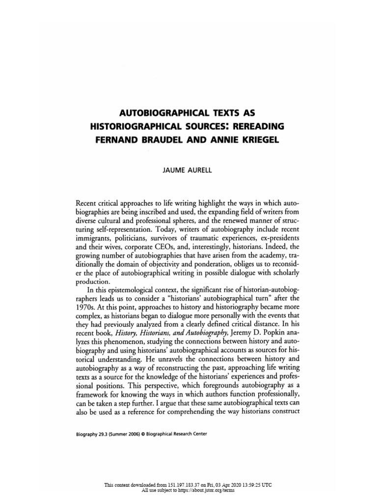 Aurell On Autobiography and Historiography | PDF