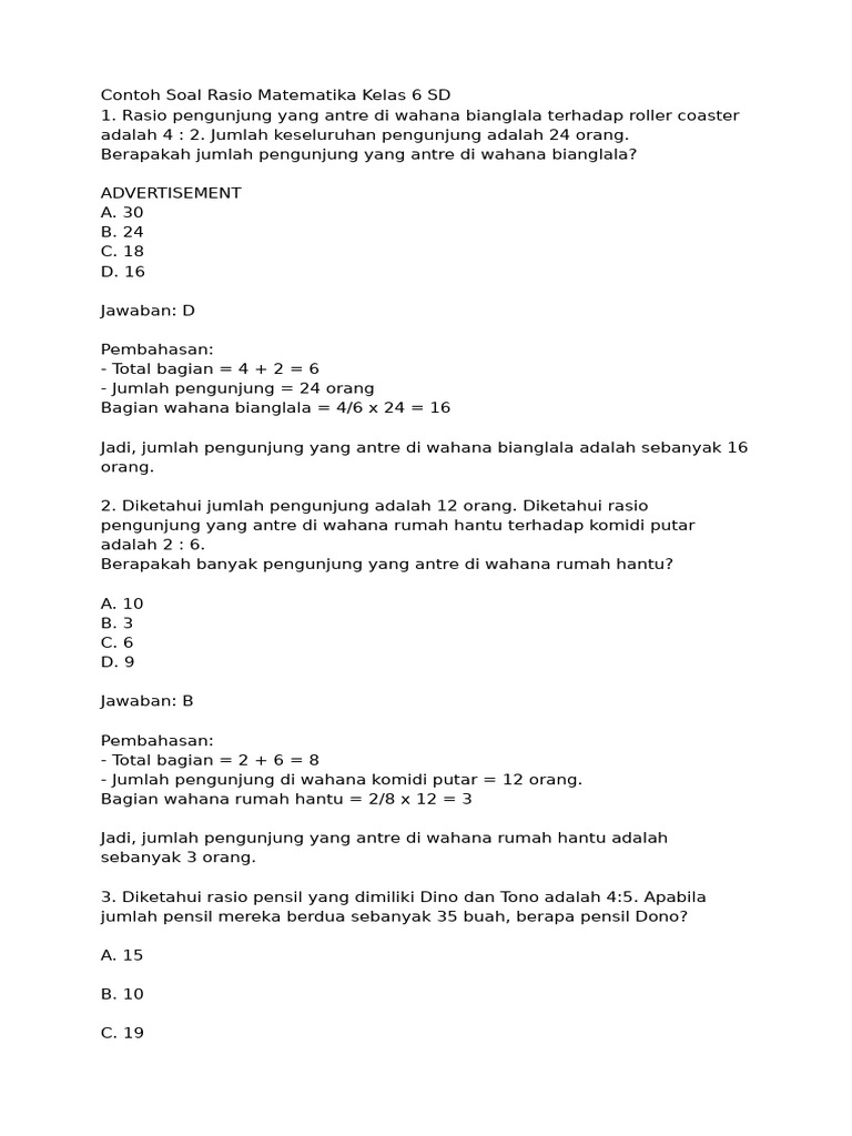 Contoh Soal Rasio Matematika Kelas 6 | PDF