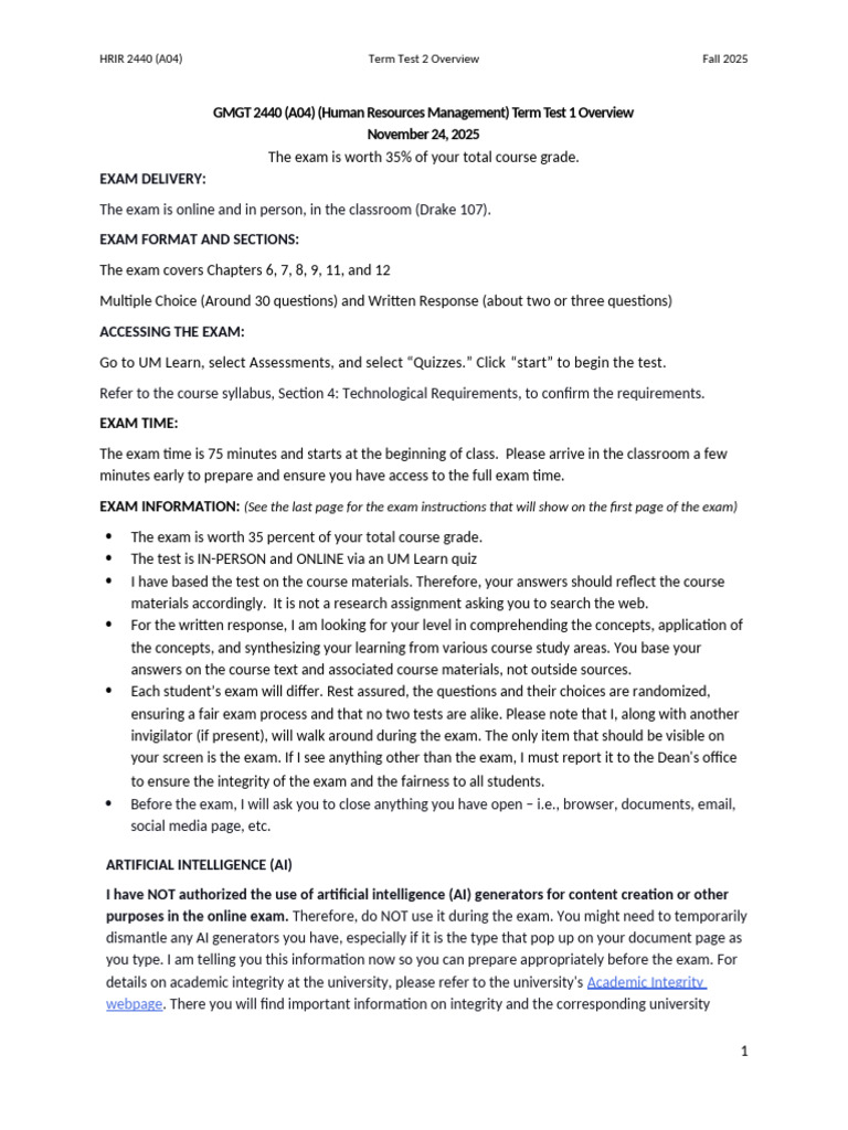 Hrir 2440-A04 - Term Test 2 - Overview - f2025 | PDF | Academic ...