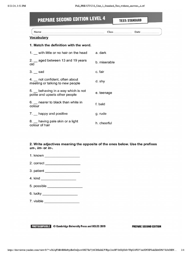 Full PRE-UT-U1S Unit 1 Standard Test Without Answers a.rtf | PDF