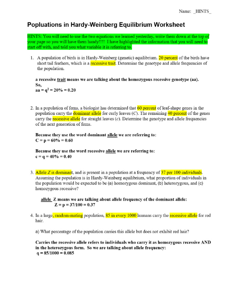 Hardy-Weinberg Equilibrium Worksheet With Hints | PDF