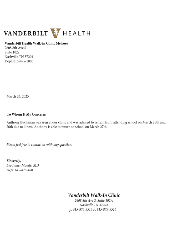 Vanderbilt Health Clinic Absence Note | PDF