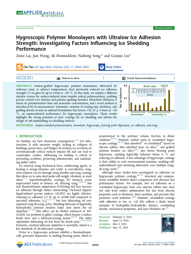 Ultralow Ice Adhesion in Polymer Monolayers | PDF | Polymers | Ice