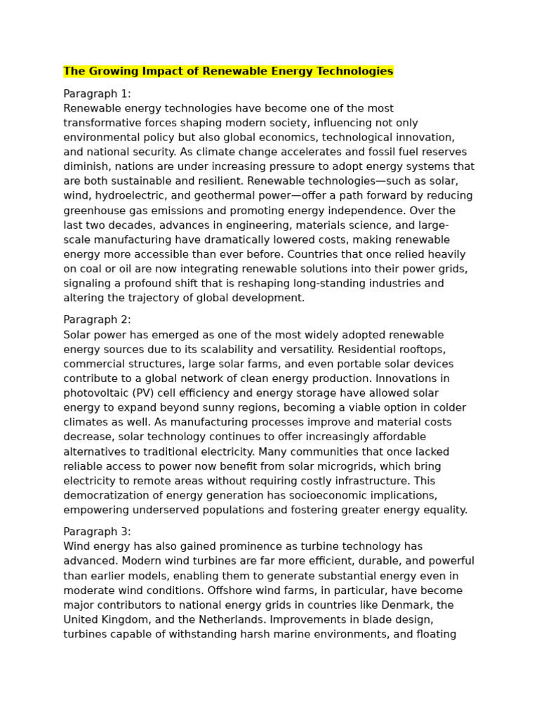 Impact of Renewable Energy Technologies | PDF | Renewable Energy | Wind ...