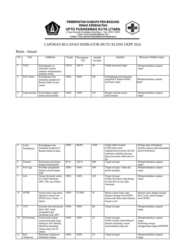 Laporan Bulanan Mutu Klinis UKPP 2024 | PDF