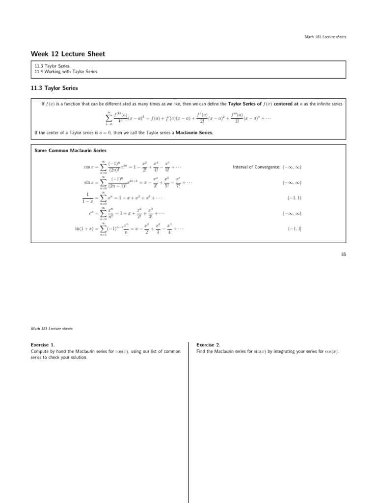 Math 181 Guided Lecture Sheets Week 12 | PDF | Mathematical Relations ...