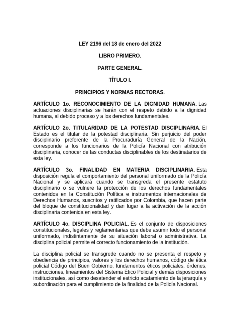 Ley 2196 Estatuto Disciplinario | PDF | Disciplinas | Policía