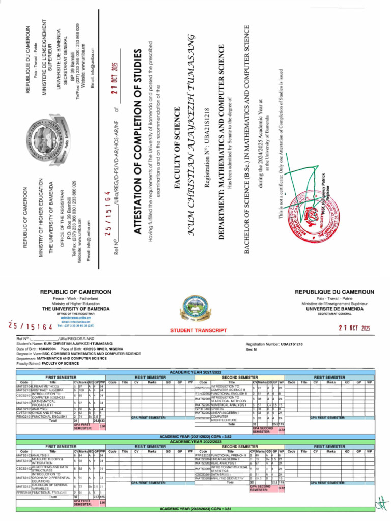 Kum Christian Ajaykezih Tumasang - Official Transcript | PDF