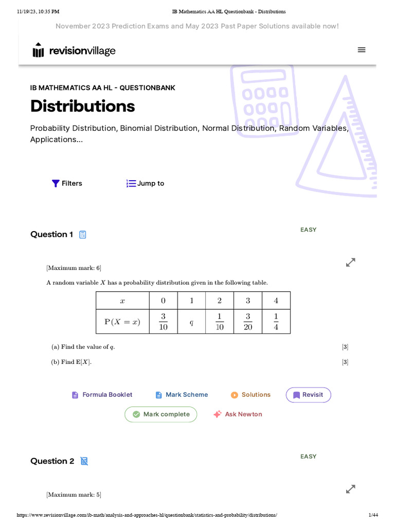 IB Math AA HL Distributions Questionbank | PDF | Normal Distribution ...