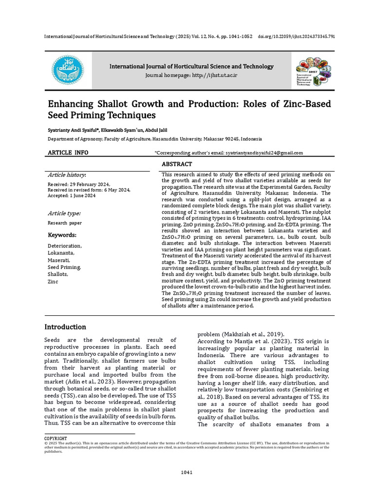 IJHST Volume 12 Issue 4 Pages 1041-1052 | PDF | Seed | Zinc