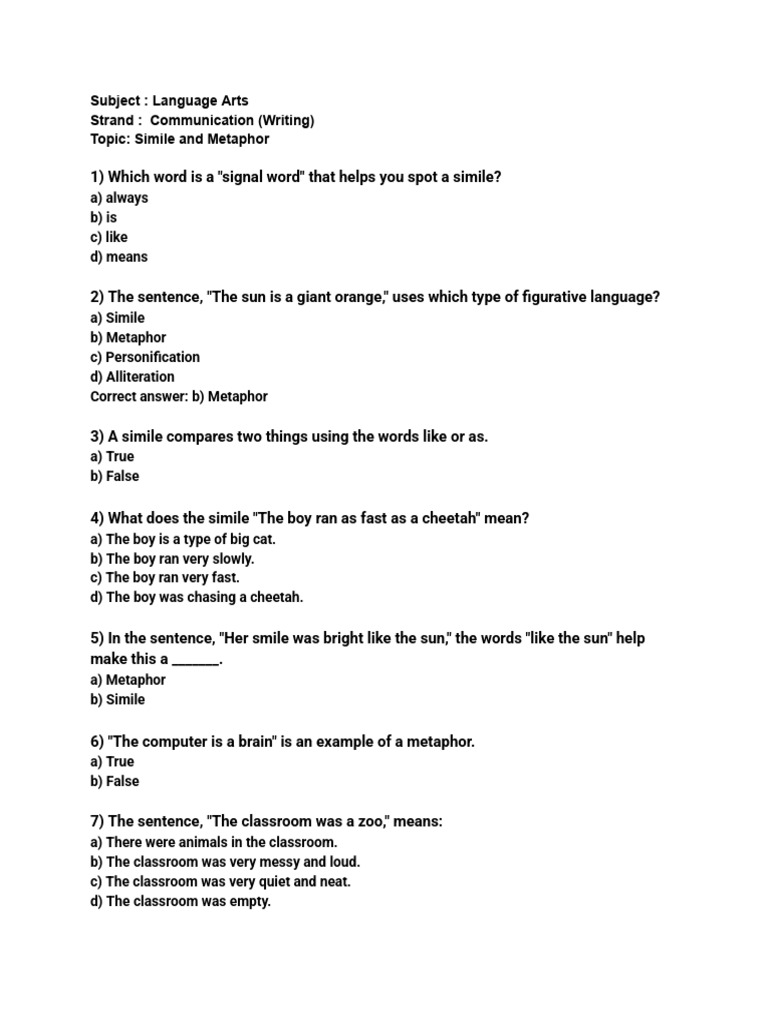 Simile and Metaphor Quiz for Students | PDF