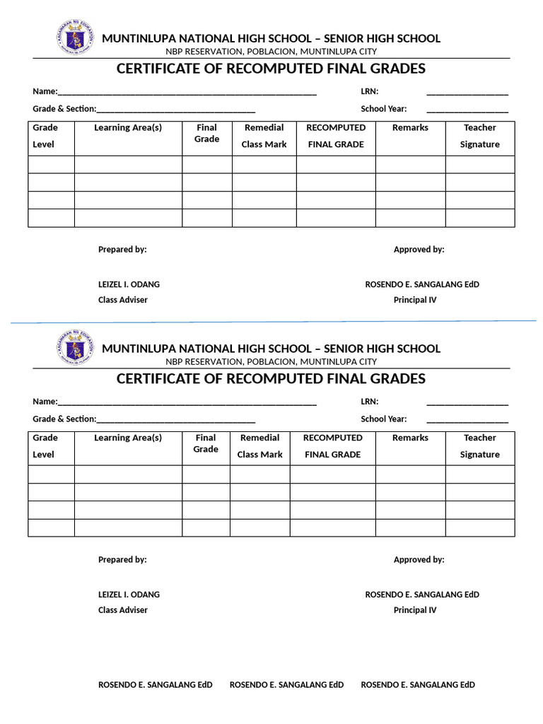 Muntinlupa Senior High Final Grades Certificate | PDF | Schools ...