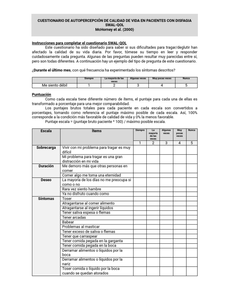 Cuestionario SWAL-QOL para Disfagia | PDF