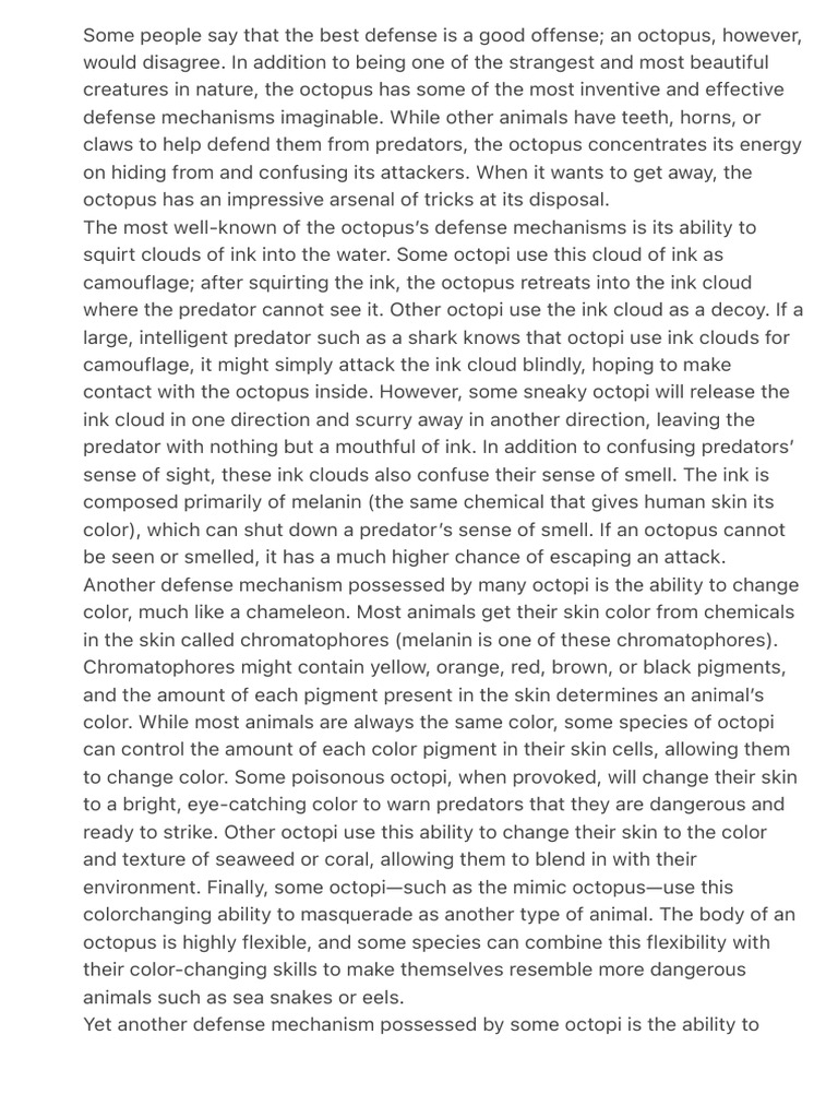 Octopus Defense Mechanisms Explained | PDF | Octopus | Predation