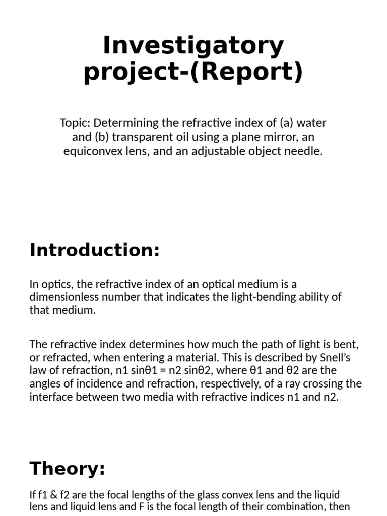 PHYSICS Investigatory Project | PDF | Refractive Index | Optics
