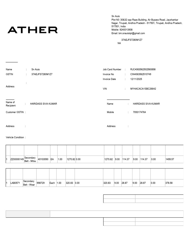 Sn Auto Tax Invoice for Vehicle Service | PDF | Taxation | Government ...