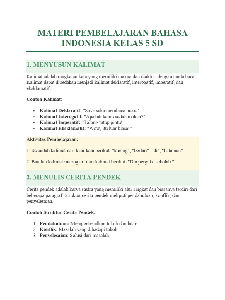Materi Pembelajaran Bahasa Indonesia Kelas 5 SD | PDF