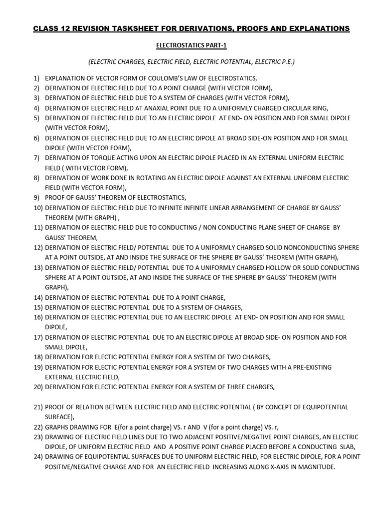 Class 12 Electrostatics Revision Guide | PDF | Electric Field ...