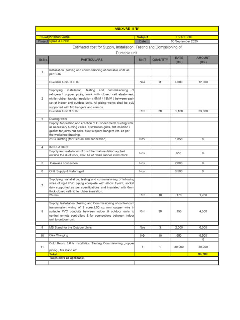 HVAC Installation Cost Estimate | PDF | Duct (Flow) | Pipe (Fluid ...