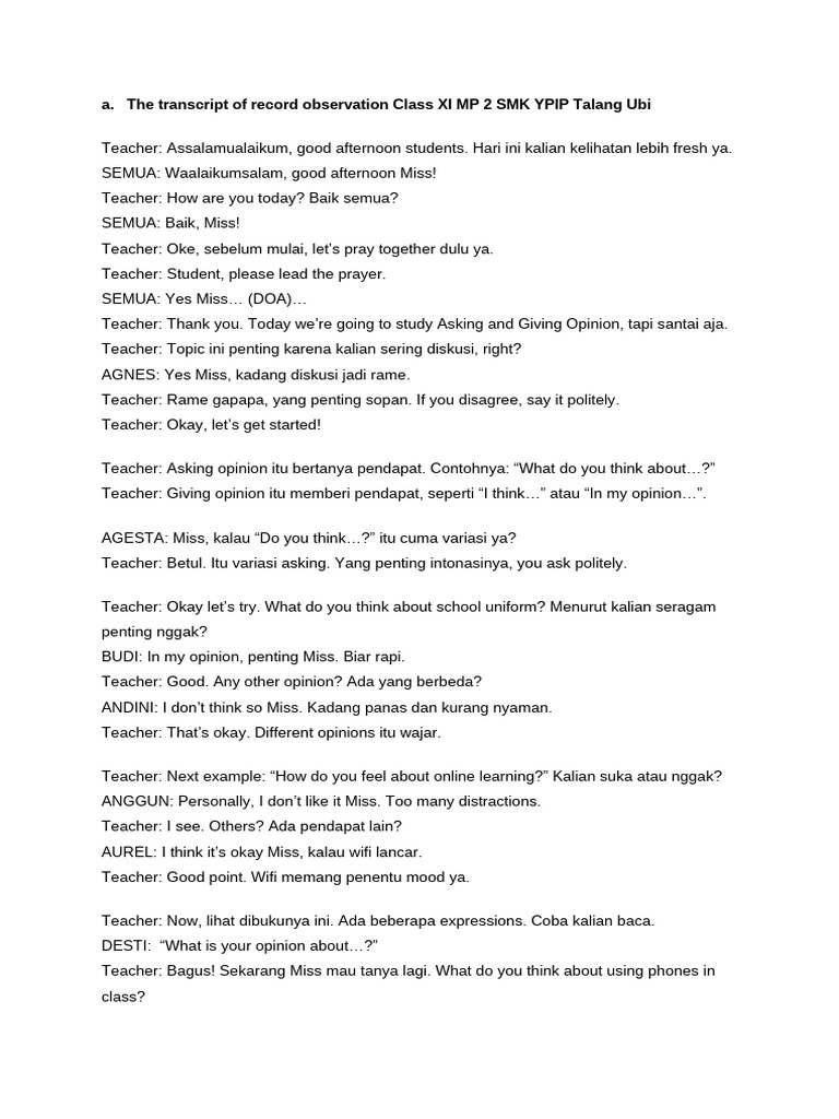The Transcript of Record Observation Class XI MP 2 SMK YPIP Talang Ubi ...