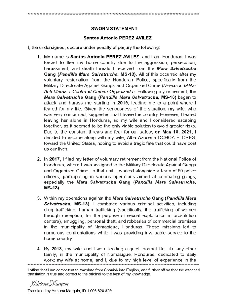 TRAD Sworn Statement Made by Santos Antonio PEREZ AVILEZ | PDF | Ms 13 ...