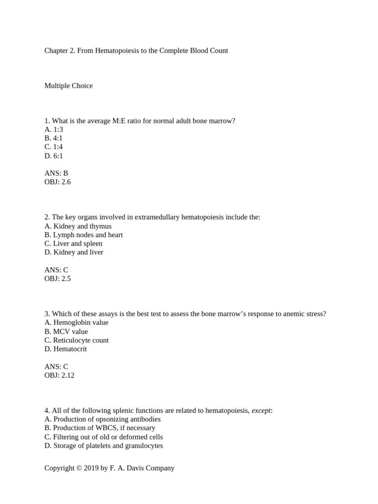 Hematopoiesis and Complete Blood Count Quiz | PDF | Haematopoiesis ...