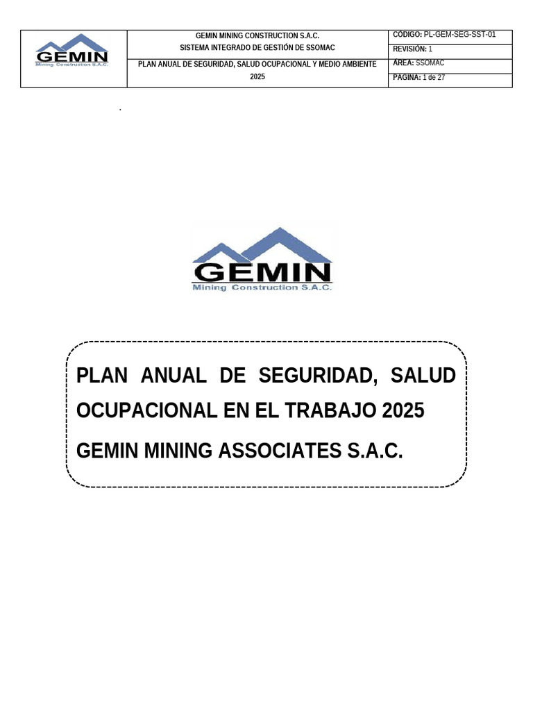 PL-GEM-CHU-SGI-01, Plan Anual de SST 2025 V1 | PDF | Seguridad y salud ...
