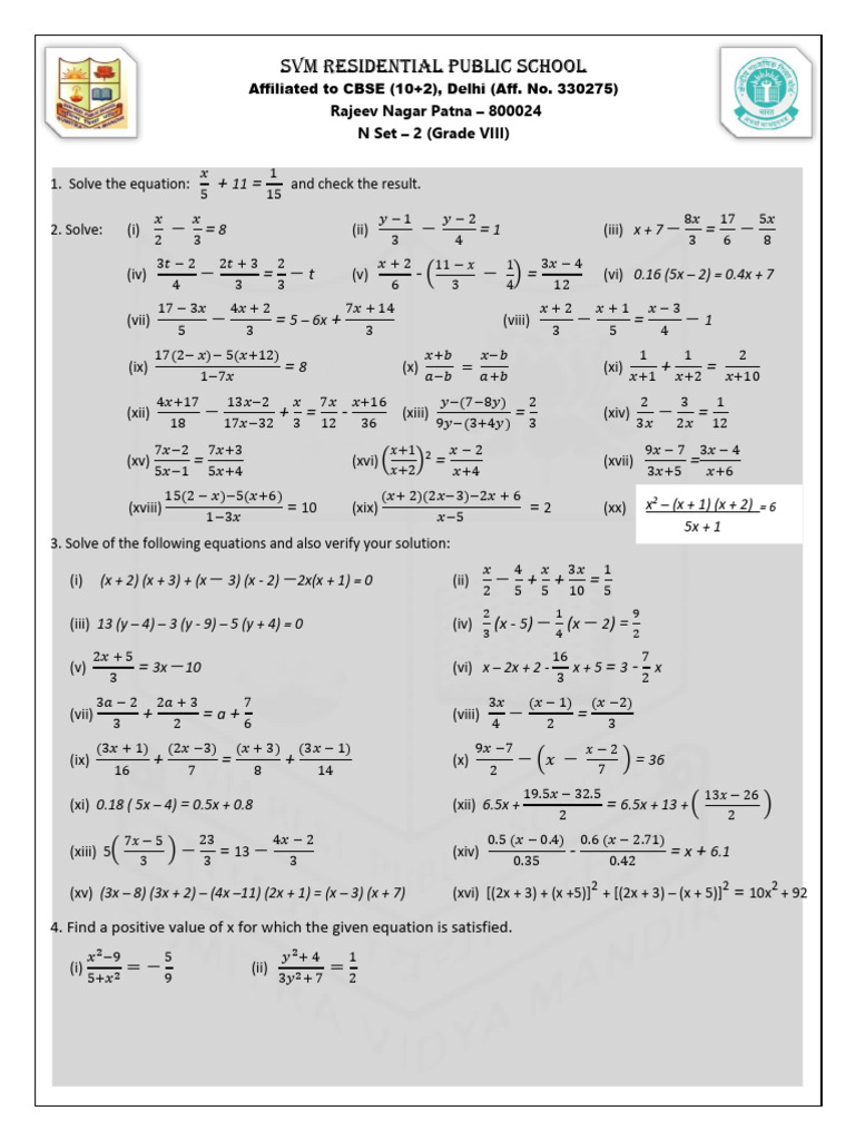 Grade VIII Math Equation Solutions | PDF
