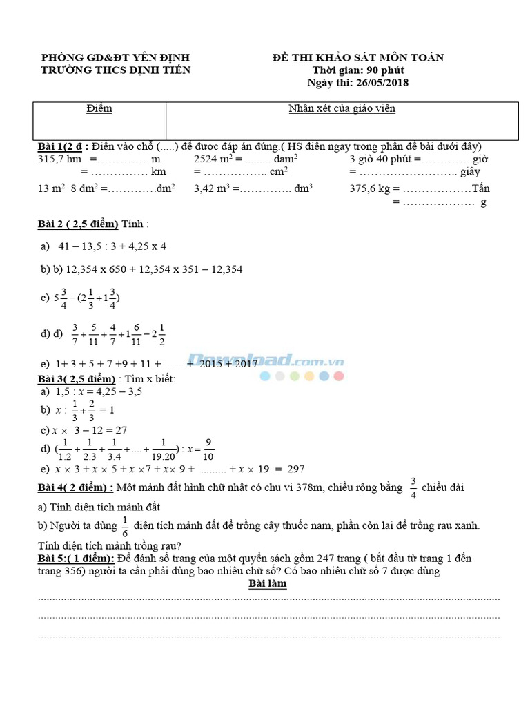 De Thi Thu Vao Lop 6 Mon Toan | PDF