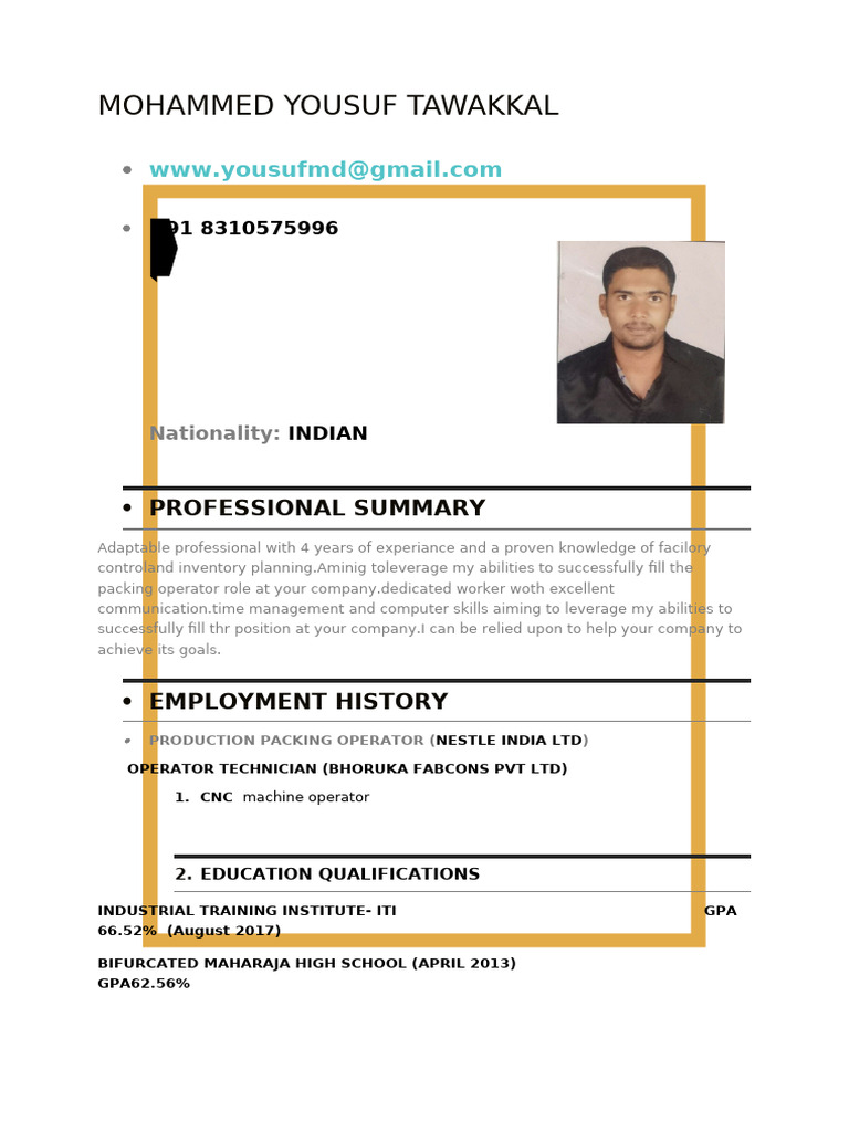Packing Operator Resume - Mohammed Yousuf | PDF
