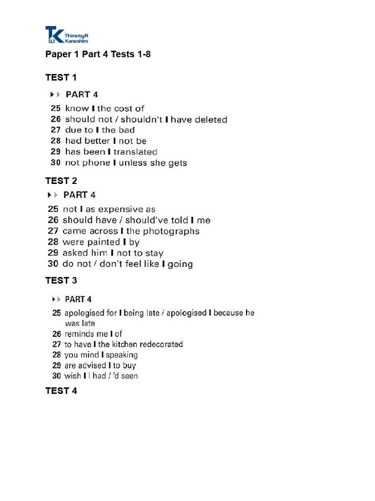 AK Paper 1 Part 4 Tests 1-8 | PDF
