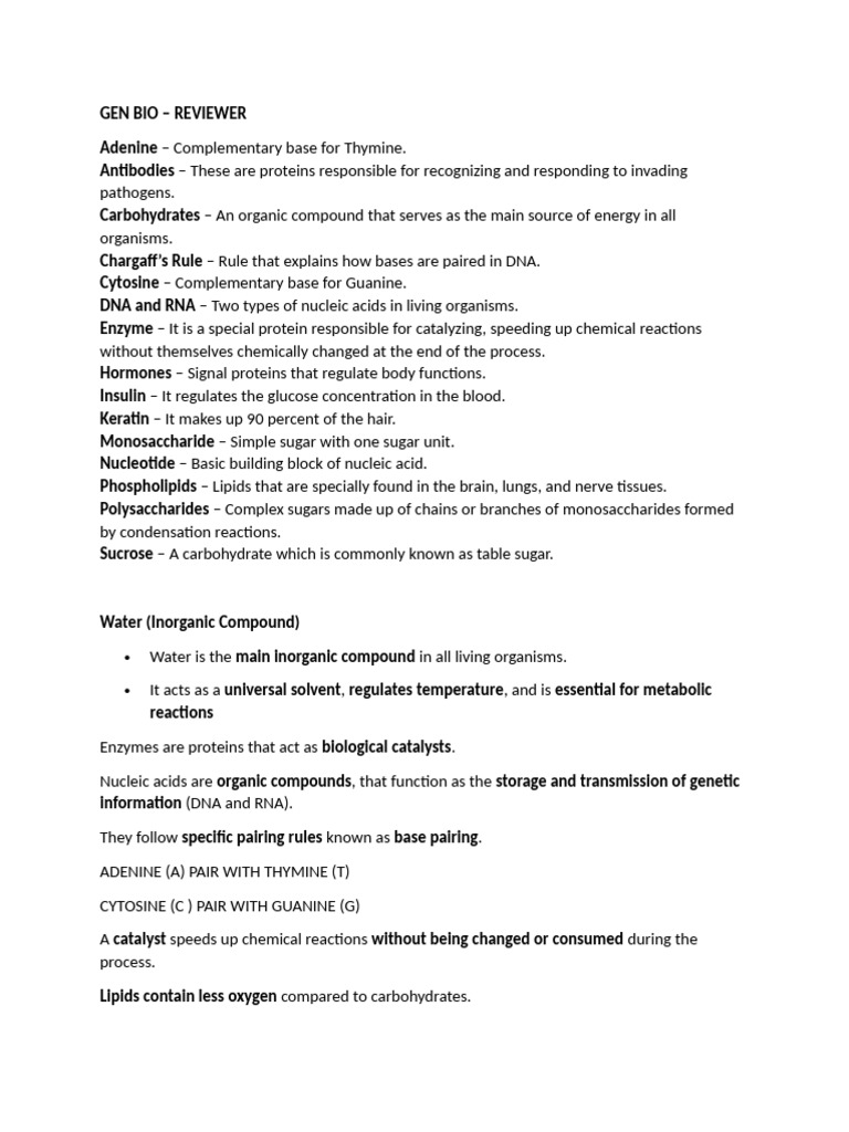 GEN BIO Reviewer | PDF | Carbohydrates | Enzyme