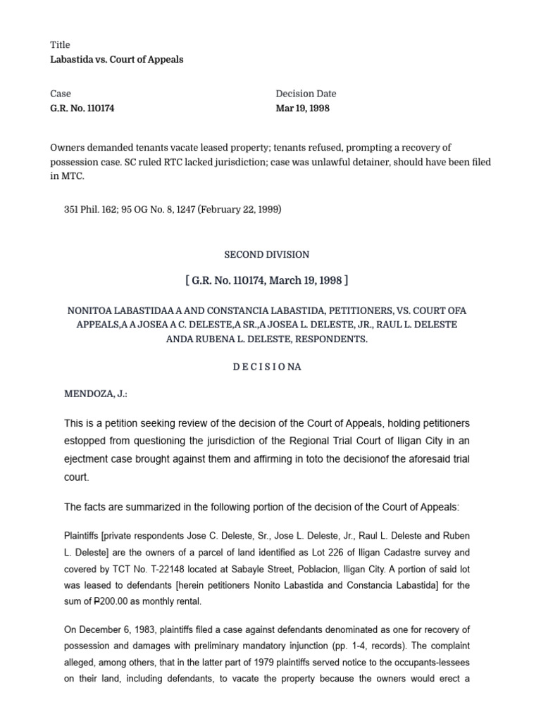 Labastida Ejectment Case Ruling Summary | PDF | Lease | Complaint