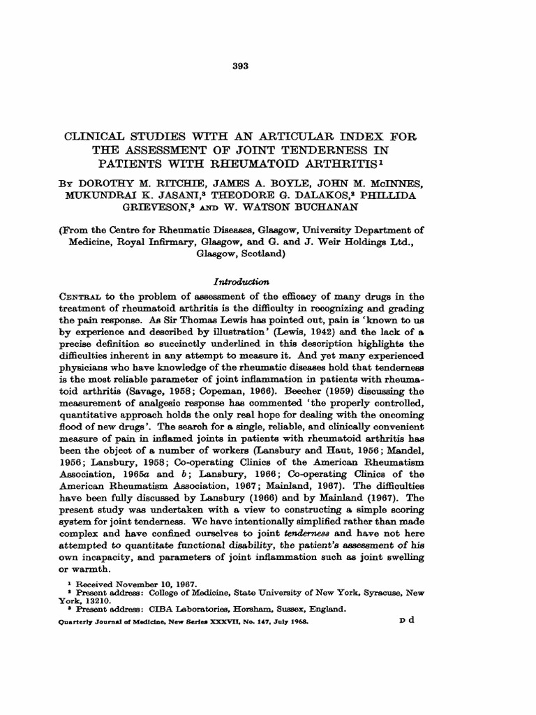 Articular Index for Joint Tenderness in RA | PDF | Arthritis | Joint