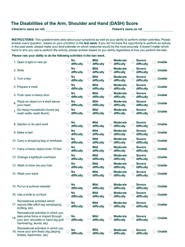 DASH Score Questionnaire for Upper Extremity | PDF | Diseases And Disorders