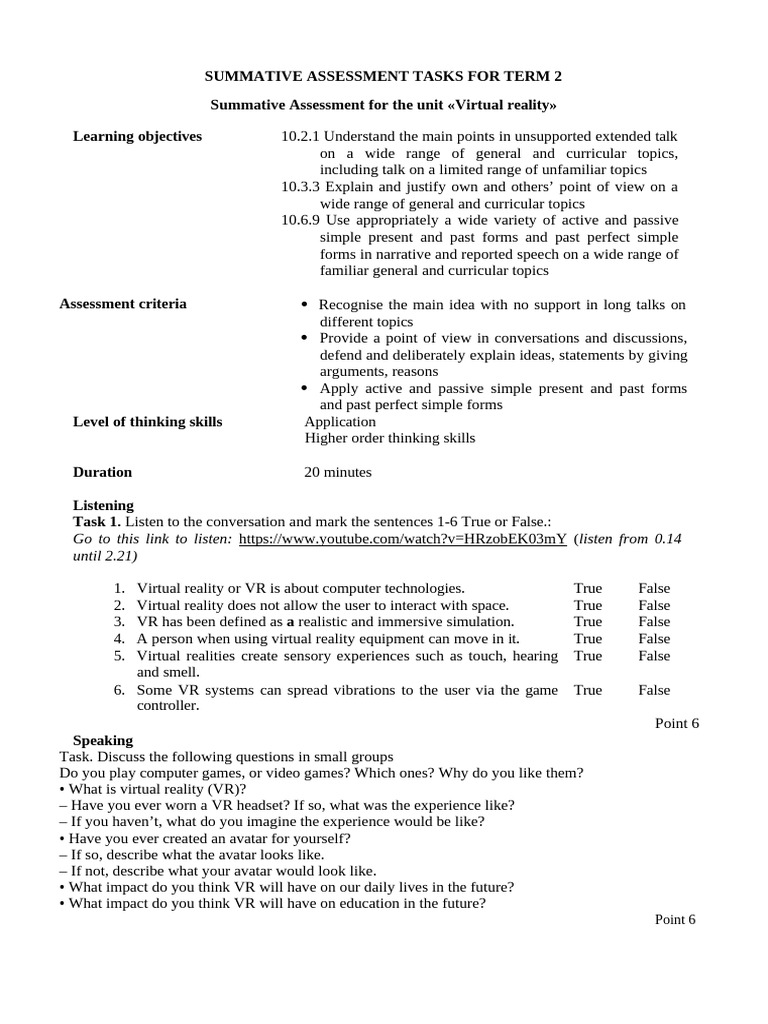Virtual Reality Assessment Tasks | PDF | Virtual Reality | Thought