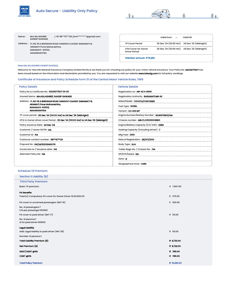 Tata AIG Motor Insurance Policy Details | PDF | Insurance | Receipt