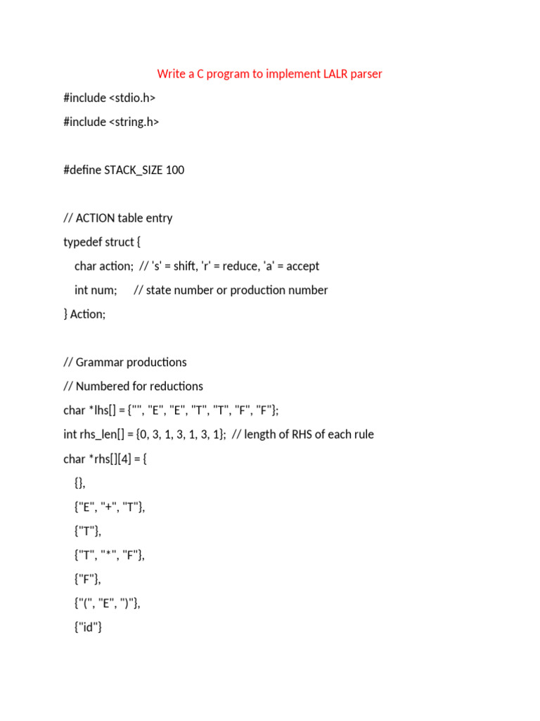 LALR Parser Implementation in C | PDF | Parsing | Software Engineering