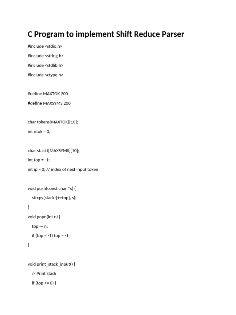 Shift Reduce Parser in C Programming | PDF | Parsing | Computer Science
