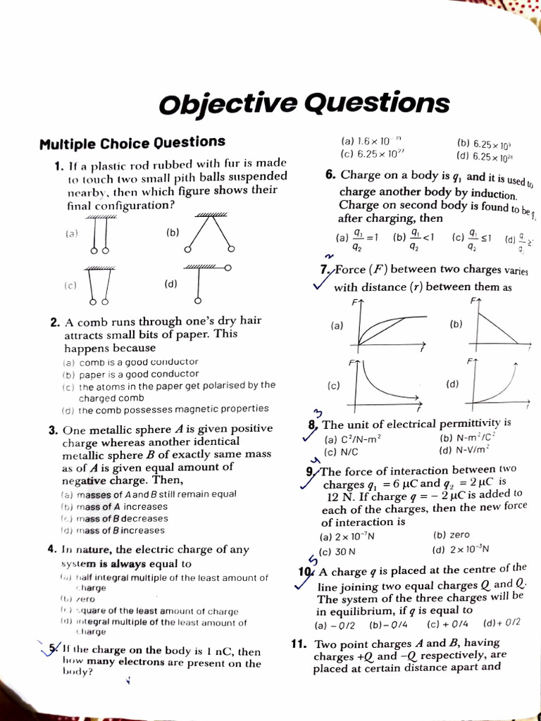 Physics MCQs on Electric Charges and Fields | PDF | Electric Field | Dipole