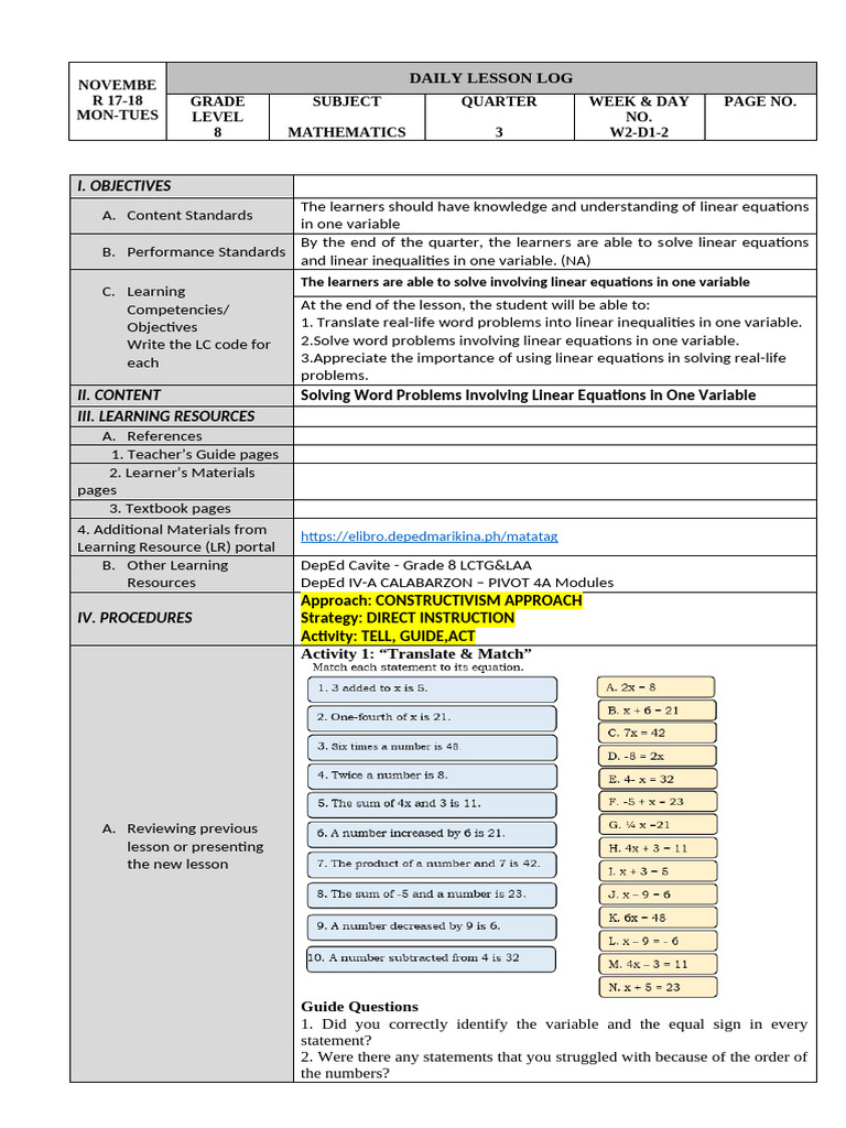 Grade 8 Math: Linear Equations Lesson | PDF | Equations | Variable ...