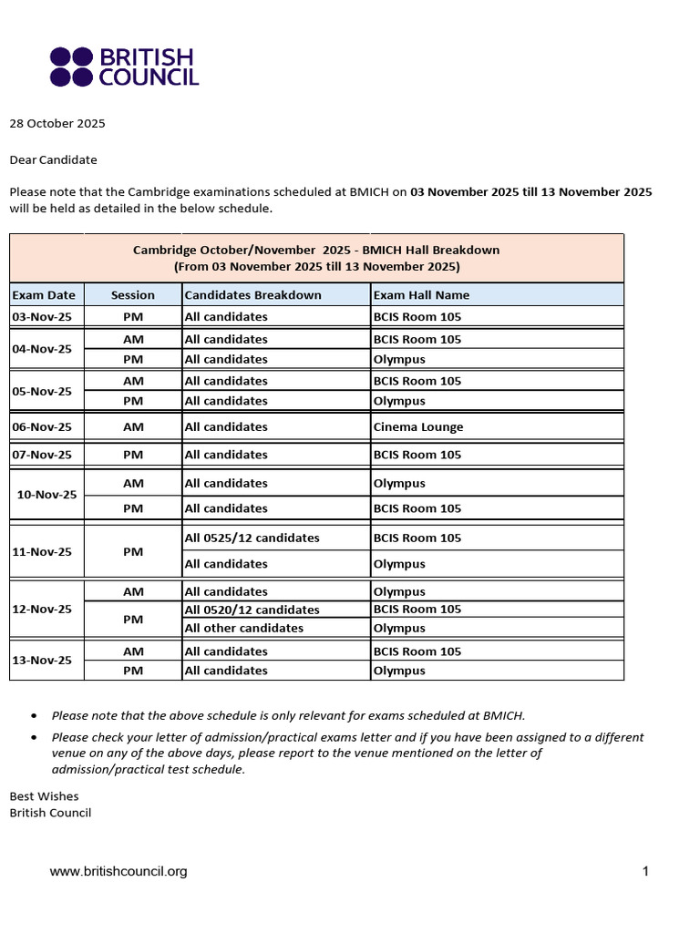Cambridge Exam Schedule BMICH 2025 | PDF