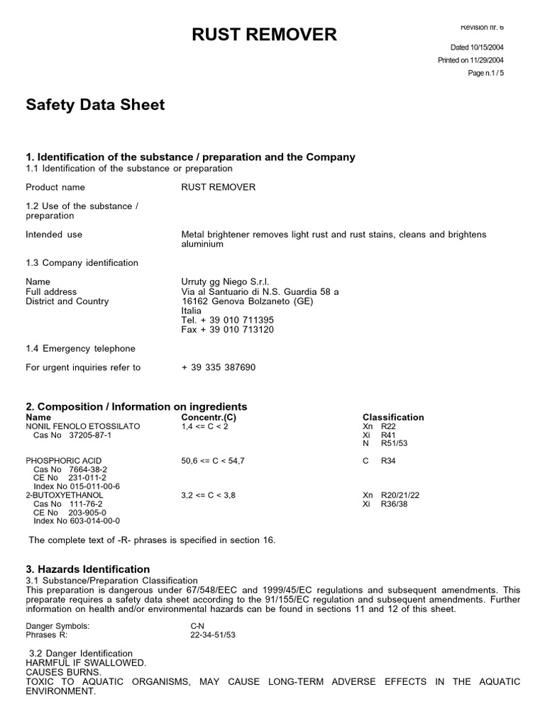 Safety Data Sheet for Rust Remover | PDF | Chemistry | Chemical Substances