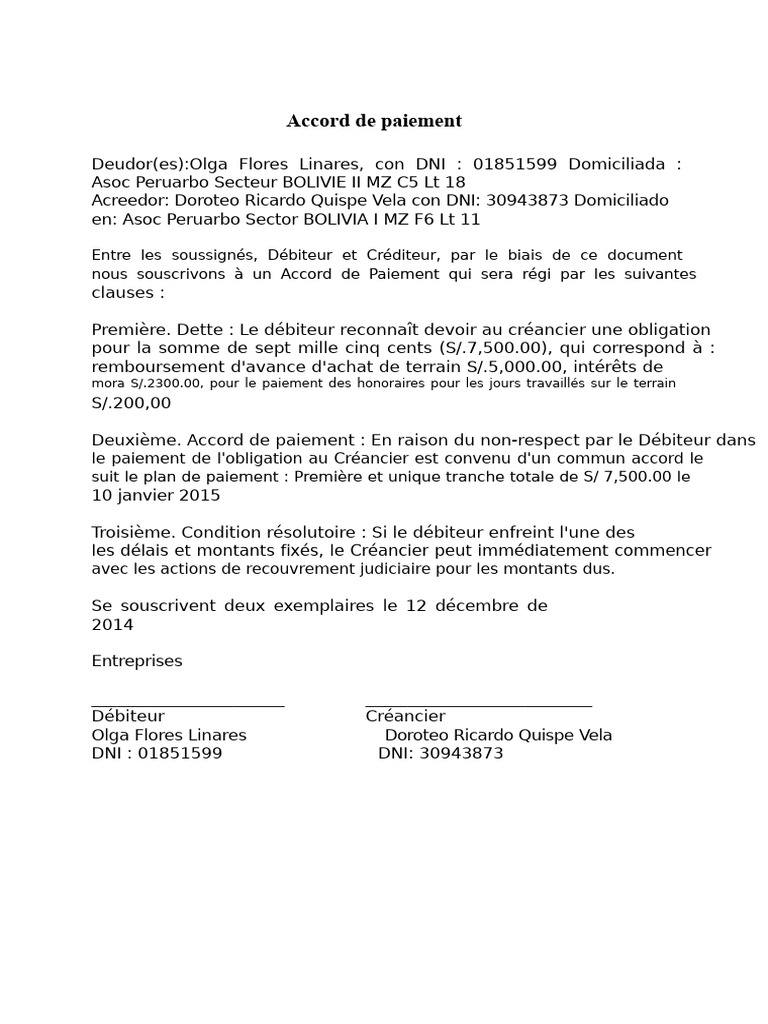 Accord de Paiement entre Débiteur et Créancier | PDF