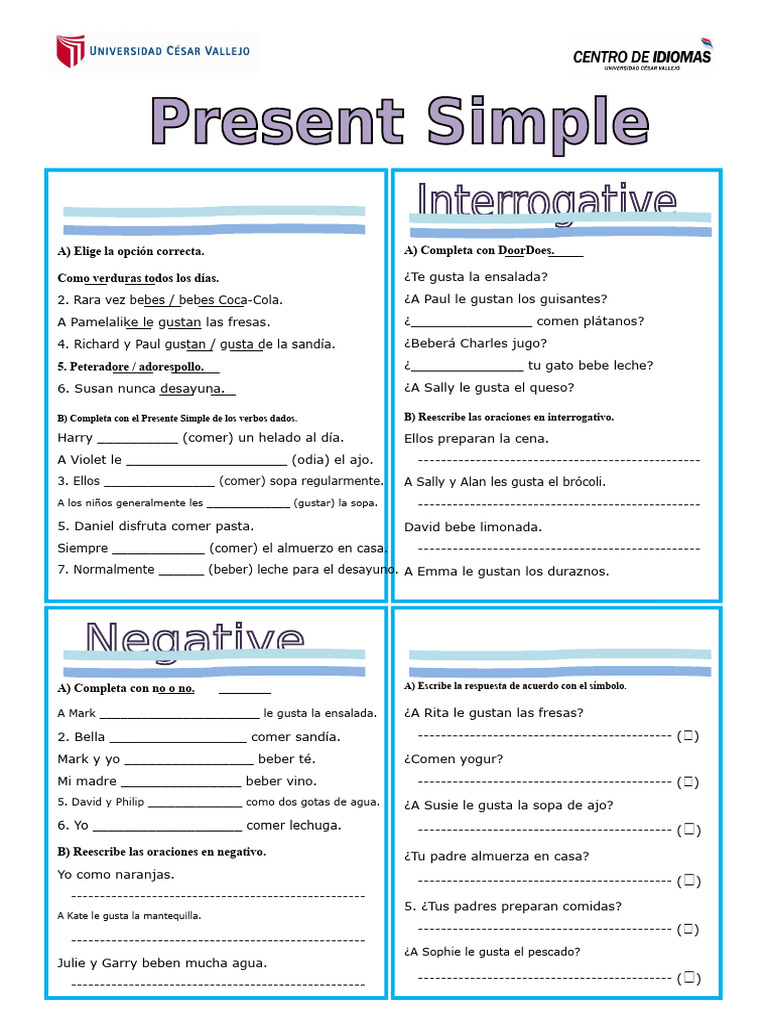 Ejercicios de Presente Simple en Inglés | PDF | Cocina | Alimentos