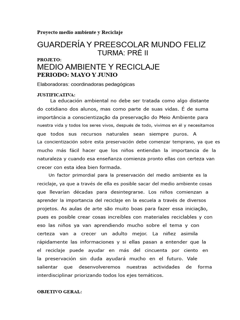 Proyecto Medio Ambiente Educación Infantil | PDF | Residuos | Entorno ...