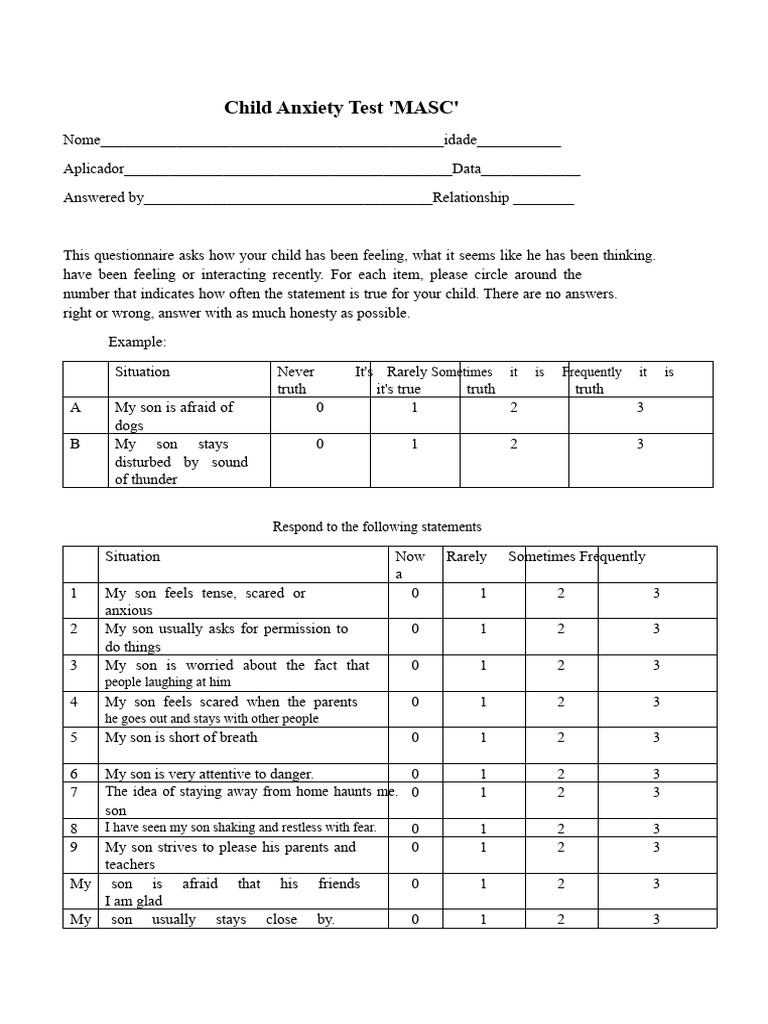 Child Anxiety Questionnaire MASC | PDF | Anxiety | Emotions